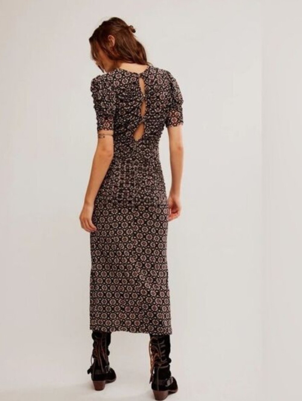 Free People Briella Midi Dress - Black with Cream Print (Flaw) - Picture 2 of 6